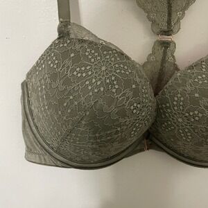 PINK Victoria's Secret Lace Racerback Push Up Bra Olive Green Rose Gold Size 34D